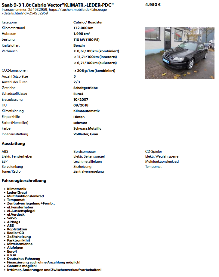 Besichtigung eines Saab Cabrios von 2007 mit 175tkm